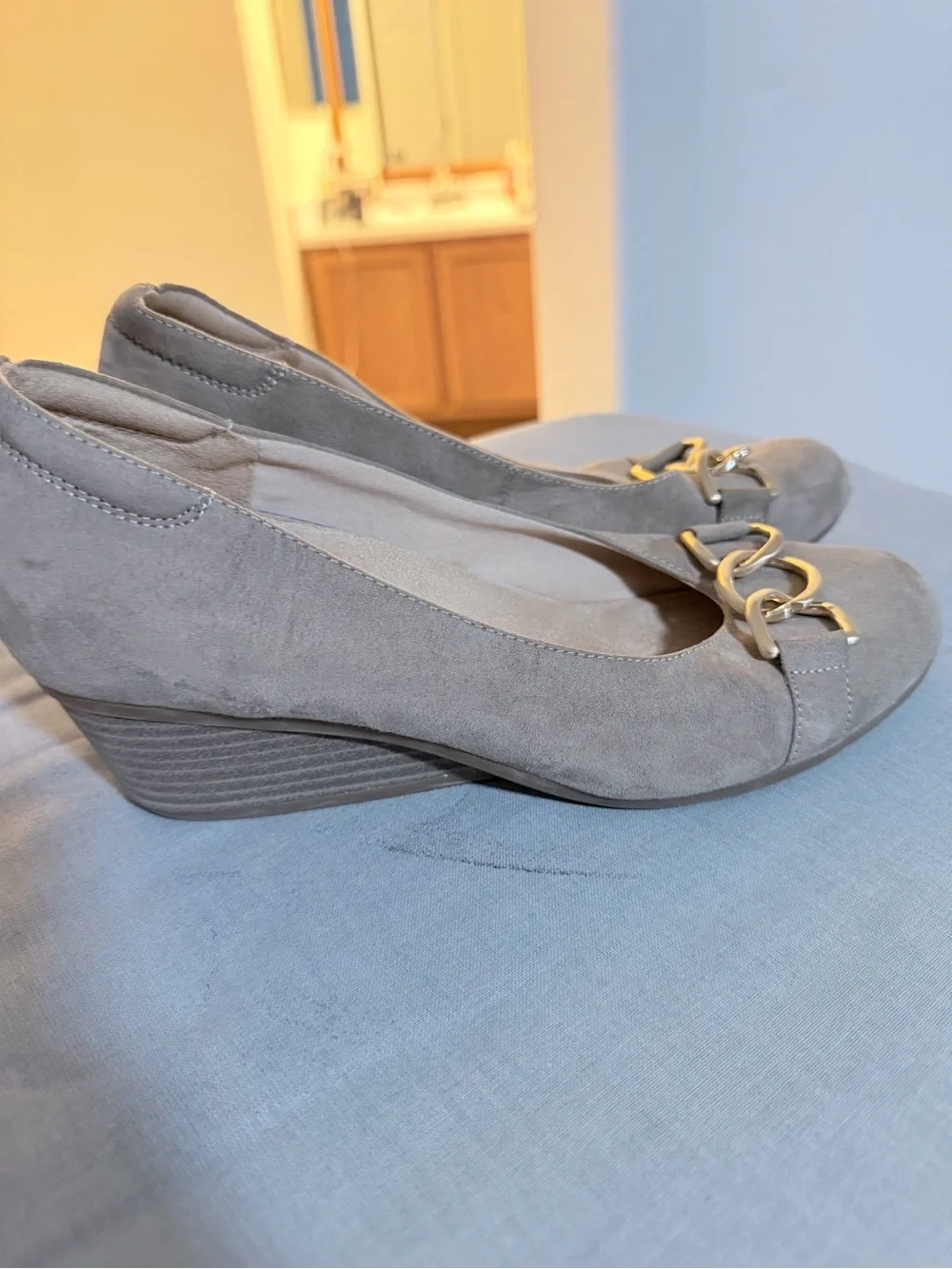 Dr. Scholl's Taupe Suede Wedge Loafers with Gold Chain
